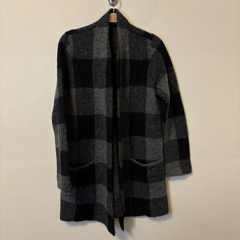 Eileen Fisher Cardigan Sweater‎ Plaid XS Cozy Cottage Wool Alpaca Blend Gray